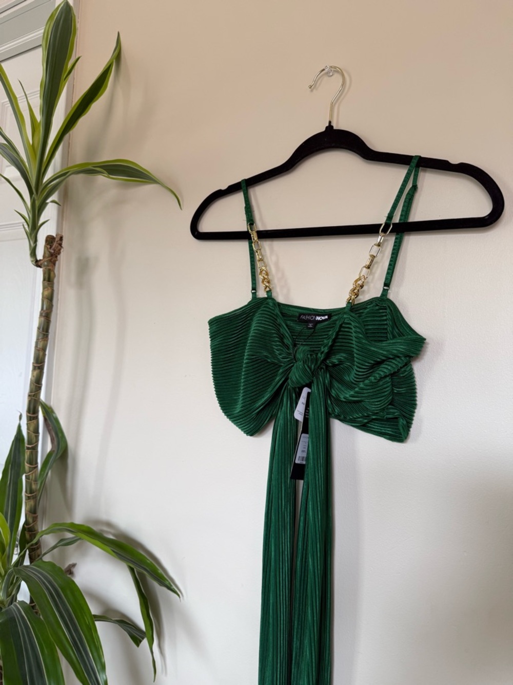 Fashion Nova Emerald Green Pleated Bow Crop Top with Chain Straps